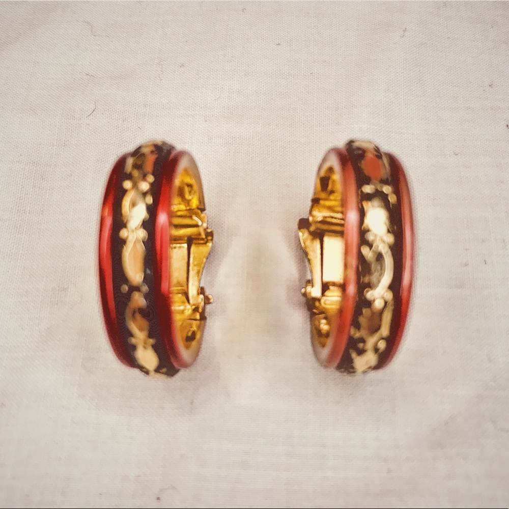 By Pat Pend: Red Black and Gold Hoop Clip Earrings